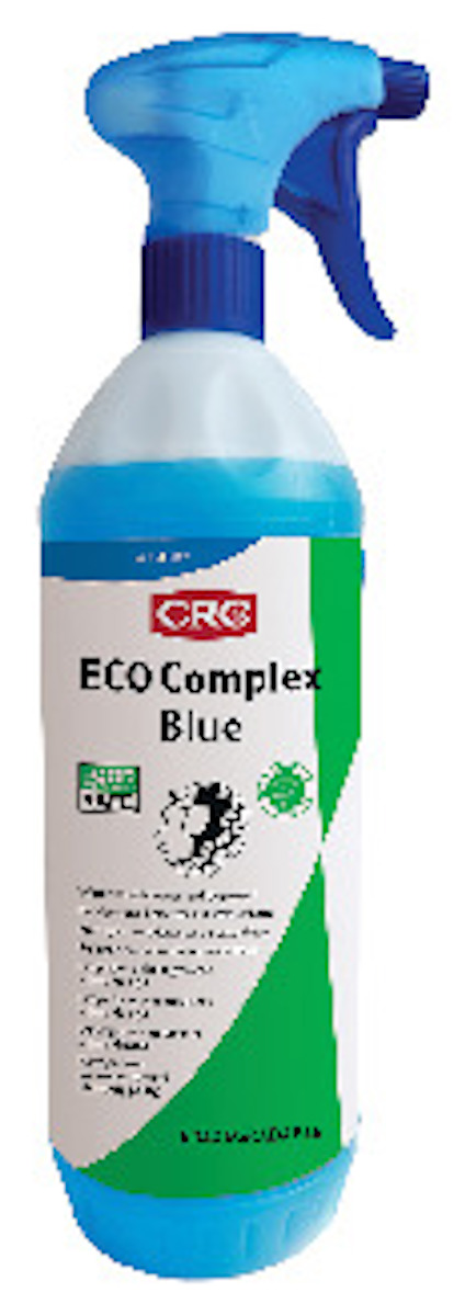 Sprayflaska med blått rengöringsmedel, märkt "CRC ECO Complex Blue", "Food Safe" och "Biodegradable".