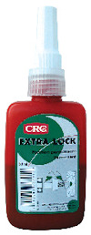 Röd flaska med vitt lock och etikett märkt "CRC Extra Lock Fixation permanente Permanent" 50 ml.