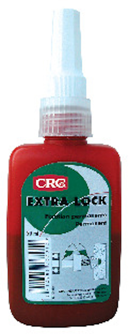 Röd flaska med vitt lock och etikett märkt "CRC Extra Lock Fixation permanente Permanent" 50 ml.
