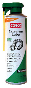 Sprayburk CRC Extreme Lube med grön och vit etikett, gul sprayrör, och olika språk för "högtryckssmörjmedel".