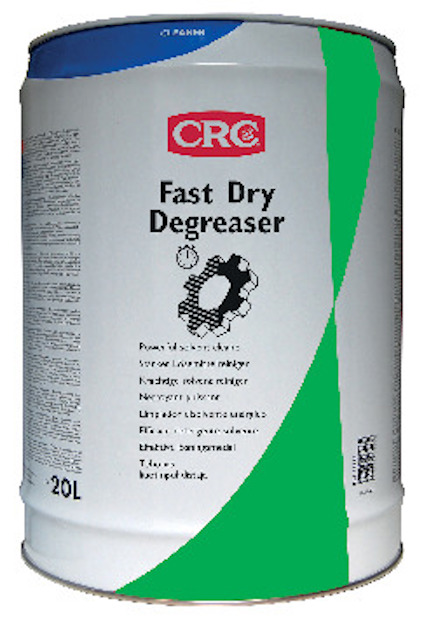 Vit och grön tunna med etikett "CRC Fast Dry Degreaser" och flera språkigt produktnamn.