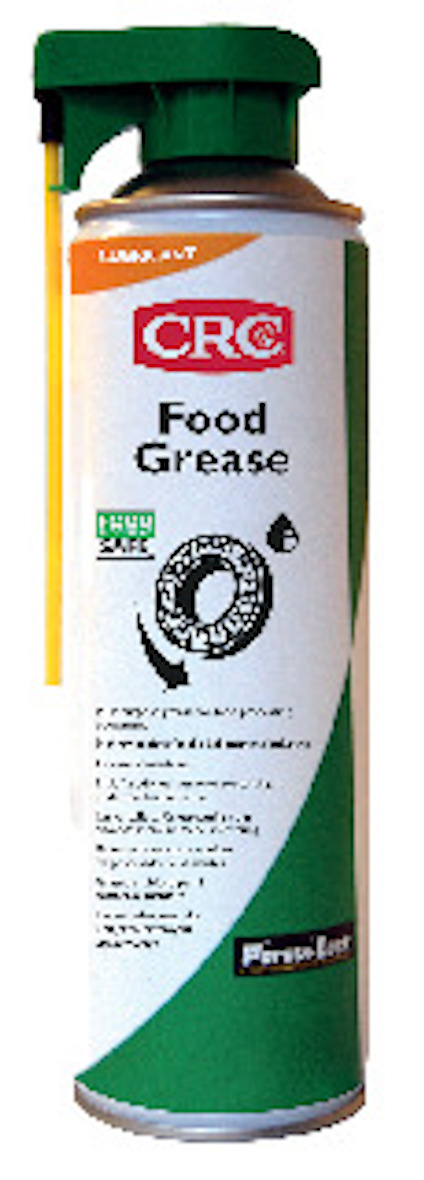 Grön sprayburk med etikett märkt "CRC Food Grease". Lock och rör är gröna, med fokus på användning inom livsmedelssäkra miljöer.