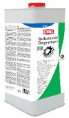 Femmafärgad dunk med röd kork märkt "CRC Industrial Degreaser". Text och ikoner på etiketten.