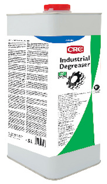 Femmafärgad dunk med röd kork märkt "CRC Industrial Degreaser". Text och ikoner på etiketten.