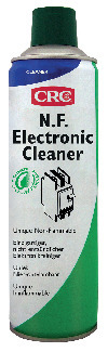 Grön aerosolburk med texten "N.F. Electronic Cleaner" och "CRC" logotyp. Burken har en grön kork.