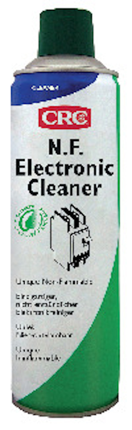 Grön aerosolburk med texten "N.F. Electronic Cleaner" och "CRC" logotyp. Burken har en grön kork.