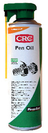 Sprayburk med grön och vit etikett märkt "CRC Pen Oil". Innehåller smörjmedel och har matsäkerhetsmärkning.