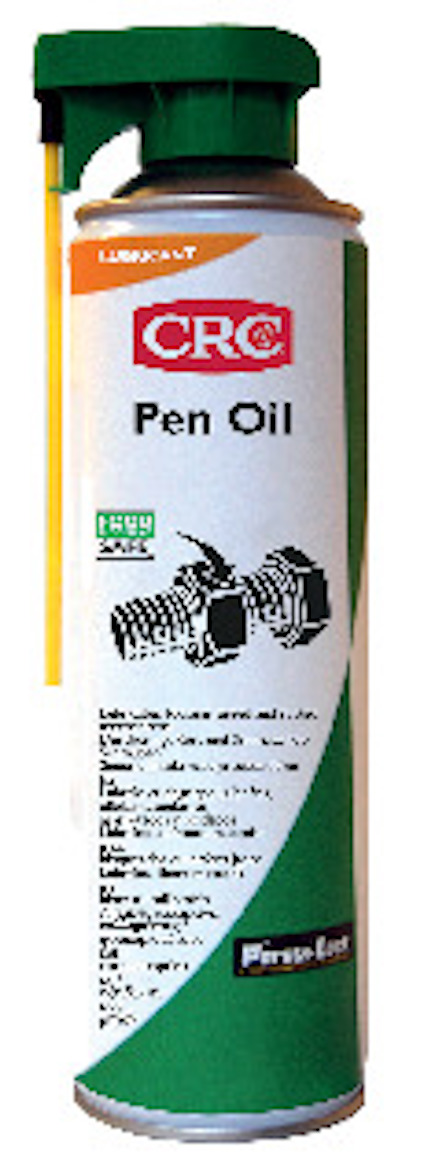 Sprayburk med grön och vit etikett märkt "CRC Pen Oil". Innehåller smörjmedel och har matsäkerhetsmärkning.