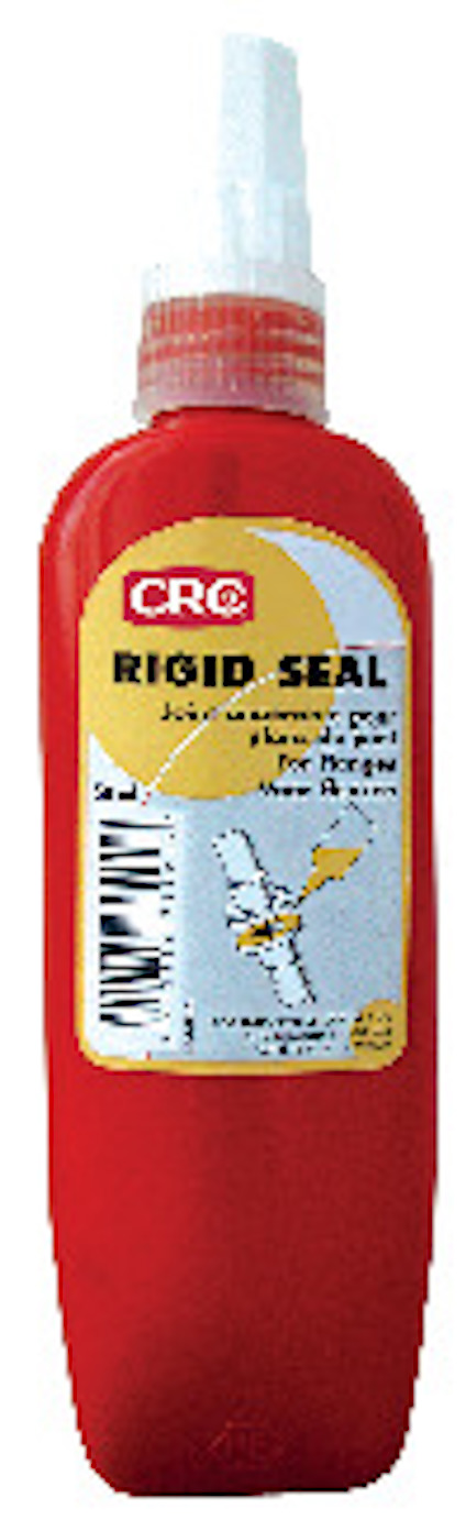Röd flaska med etikett märkt "CRC RIGID SEAL". Innehållet anges som tätning för flänsar.