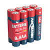 Åtta AAA-alkaliska batterier stående i två rader, förpackade med en röd etikett med texten "BATTERIE ALKALINE".