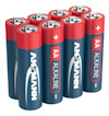 Åtta AA-batterier med röd och blå design. Texten "Ansmann" och "Alkaline" syns.