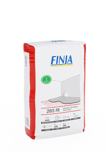 Förpackning av Finja 265 FR golvavjämningsmassa med illustration och symboler.
