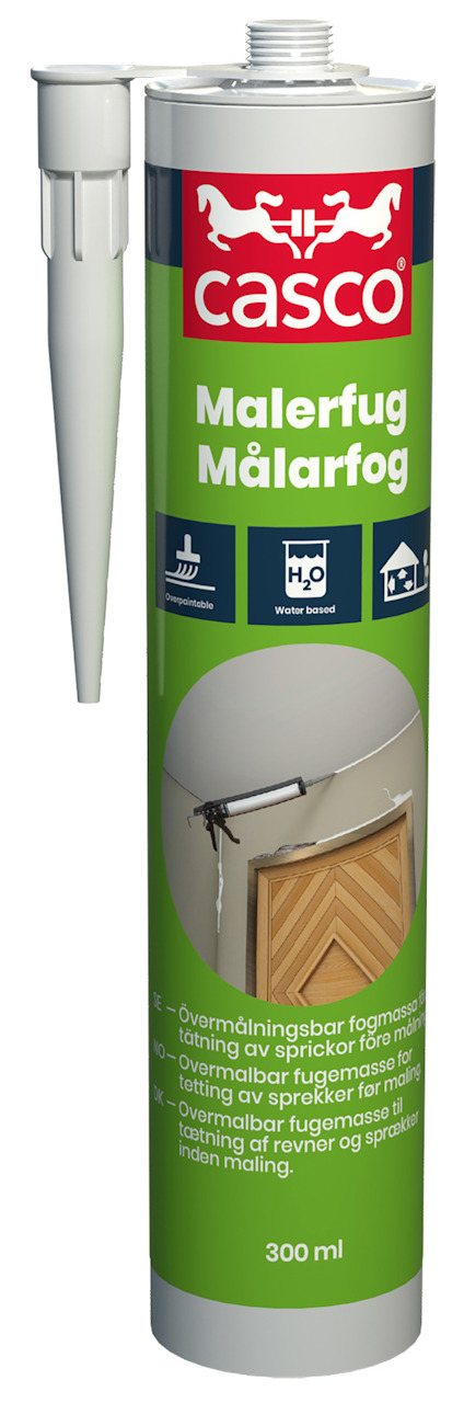 Vit tub med grön etikett märkt "Casco Målarfog" och bild av fogad dörrlist.