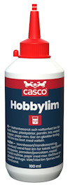 Vit flaska med röd kork och etikett som säger "Casco Hobbylim", 100 ml, med text om vattenbaserat lim på svenska och norska.