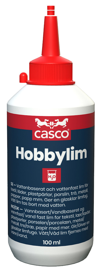 Vit flaska med röd kork och etikett som säger "Casco Hobbylim", 100 ml, med text om vattenbaserat lim på svenska och norska.