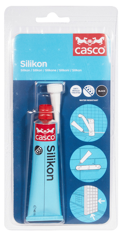 Förpackning med en tub silikon av märket Casco, i blå och röd färg, tillsammans med instruktioner och illustrationer.