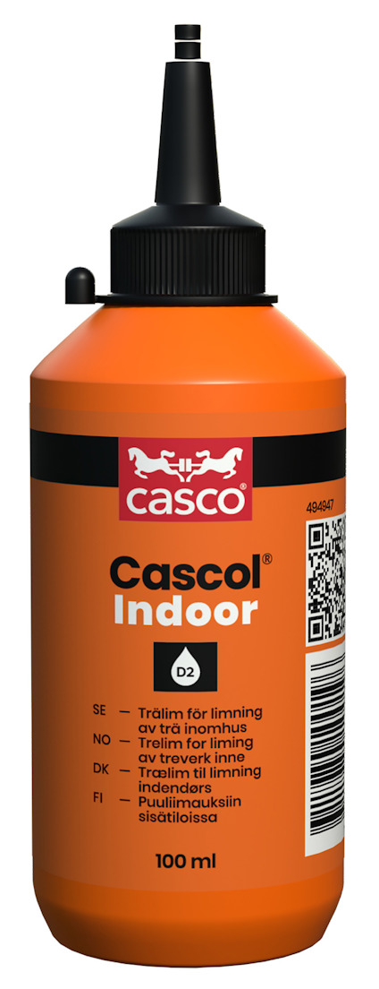 Orange flaska med svart kork och etikett med texten "Cascol Indoor d2, 100 ml", samt en QR-kod och text på flera språk.