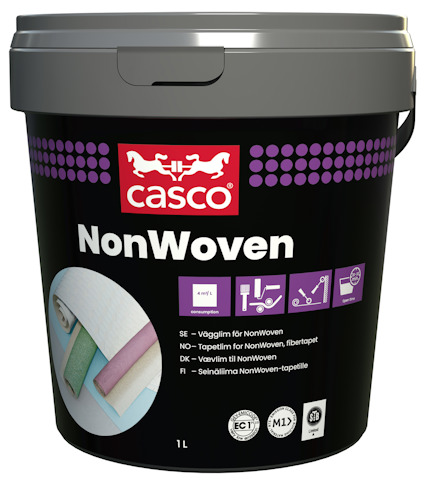 Hink med Casco NonWoven vägglim, etikett med instruktioner och symboler.