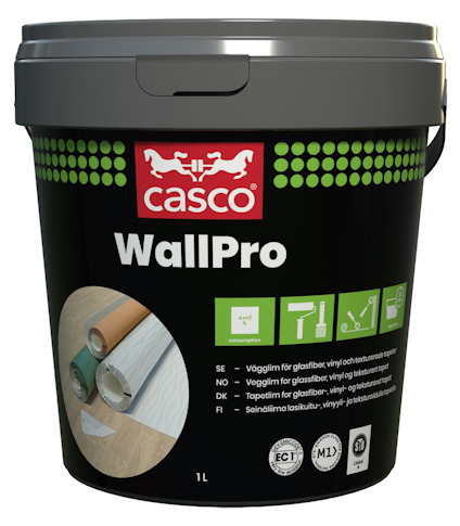 Svart hink med grått lock och etikett för Casco WallPro vägglim, med ikoner och text på flera språk.