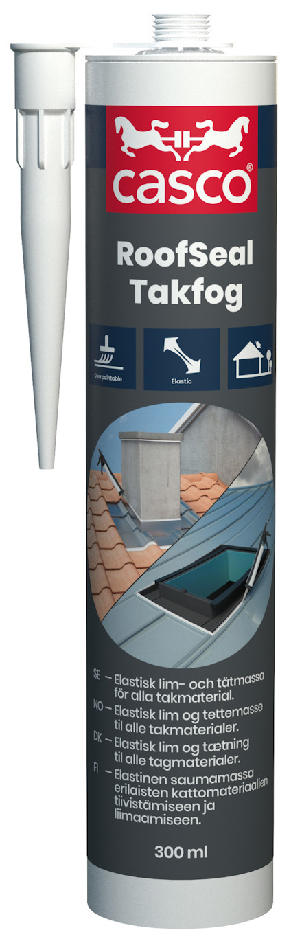 Kassett med texten "casco RoofSeal Takfog" och illustrationer av tak och applikationsområden.