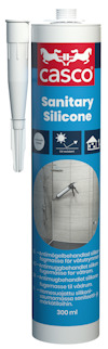 Kasett med texten "Casco Sanitary Silicone" och en bild av ett badrumsgolv med kakel. Monteringsmunstycke vid sidan.