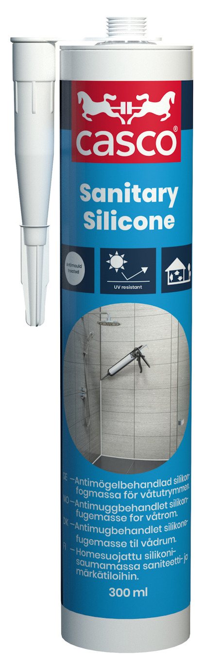 Kasett med texten "Casco Sanitary Silicone" och en bild av ett badrumsgolv med kakel. Monteringsmunstycke vid sidan.