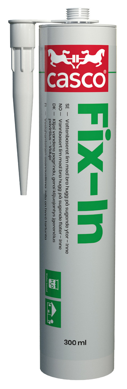 Monteringslimstube med texten "Casco Fix-In", röd och vit etikett, vit spets.