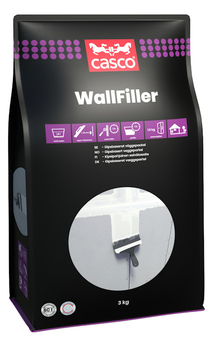 Förpackning av Casco WallFiller väggspackel, 3 kg, med produktinformation och ikonografi på framsidan.