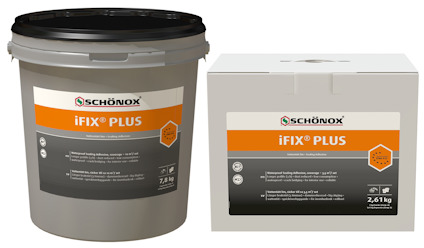 Hink och kartong med etiketten "SCHÖNOX iFIX PLUS" i orange och svart på vit bakgrund.