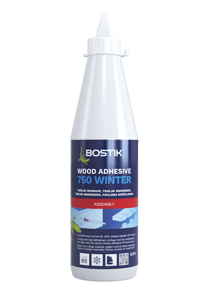 Flaska med Bostik Wood Adhesive 750 Winter, vit kork, etikett med text och bild på trädetaljer som limmas ihop.