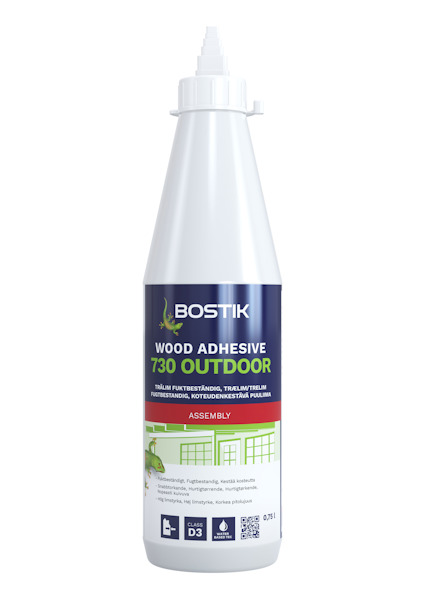 Vit flaska med texten "Bostik Wood Adhesive 730 Outdoor".