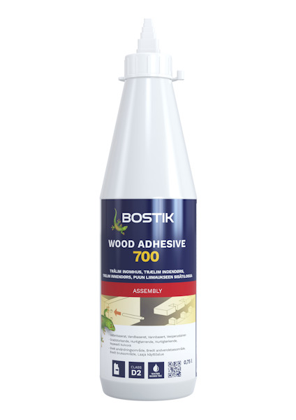 Flaska med Bostik 700 Wood Adhesive, vit kork, blå etikett med grön logotyp och produktinformation.