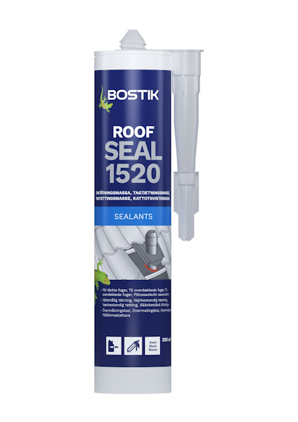 Förpackning med Bostik Roof Seal 1520 tätmassa, blå och vit etikett, applikationsmunstycke ovanpå.