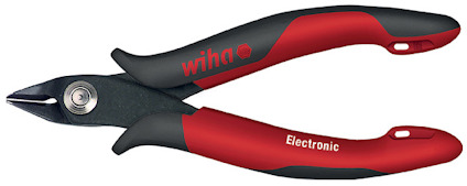 Sidavbitare med röd och svart grepp, märkt "Wiha Electronic".