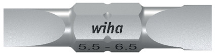 Dubbelbits mejsel med märkning "wiha 5.5-6.5", silverfärgad och symmetrisk design.
