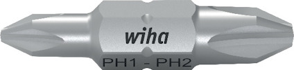 Dubbelsidig bits med märken "Wiha" och "PH1 - PH2" präglat på mitten. Silverfärgad metall.