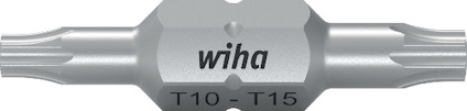 Dubbelsidig bits i metall med texten "wiha T10-T15" tryckt på mitten.