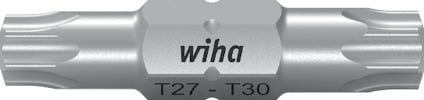 Wiha dubbelbits T27-T30 i metall, med en sexkantig mittdel och texten "wiha T27 - T30" graverad på sidan.
