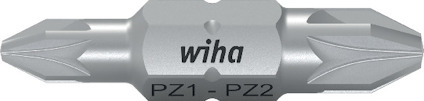Silverfärgad dubbelbits skruvmejsel med texten "wiha PZ1-PZ2" i mitten.