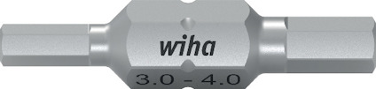 Dubbelsidig borrbits i metall med texten "wiha 3.0 - 4.0" tryckt på mitten.