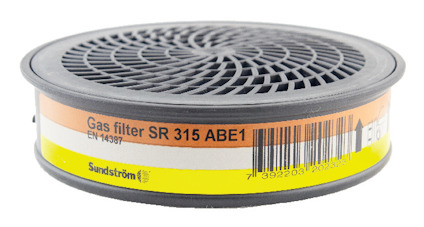 Cirkulärt gasfilter SR 315 ABE1 från Sundström med etikett och streckkod, svart galler på toppen.