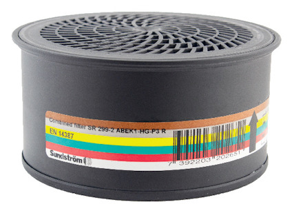 Runt kombinationsfilter i svart plast med etikett som visar färgkoder och text "Combined filter SR 299-2 ABEK1-HG-P3 R".