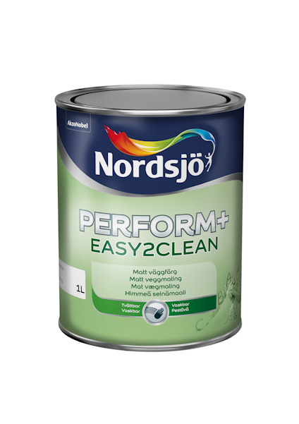 Burk med Nordsjö Perform+ Easy2Clean väggfärg, grön etikett med logotyp och produktinformation.
