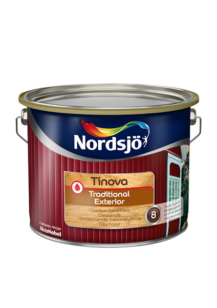 Färgburk Nordsjö Tinova Traditional Exterior, design med träfasad och husmotiv på etiketten.