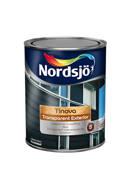Färgburk märkt "Nordsjö Tinova Transparent Exterior" med bild av en modern byggnad.