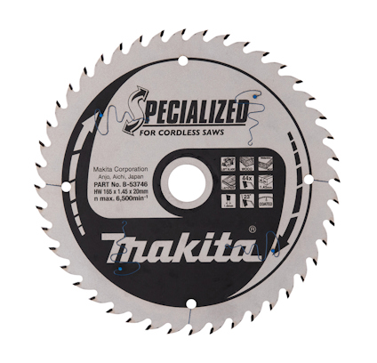 Rund sågklinga med texten "Makita Specialized for Cordless Saws". Märken och specifikationer är tydliga på ytan.