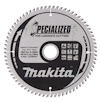 Rund sågklinga med tänder, Makita-logotyp, och texten "SPECIALIZED for laminate cutting" i svart.
