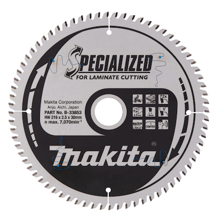 Rund sågklinga med tänder, Makita-logotyp, och texten "SPECIALIZED for laminate cutting" i svart.