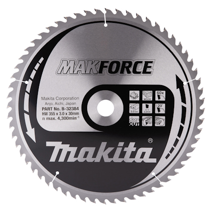 Rund sågklinga med flera tänder, texten "Makita" och diverse symboler och specifikationer synliga.