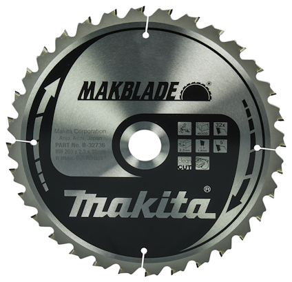 Cirkelsågklinga med silverfärgad yta och svarta detaljer, texten "Makblade" och "Makita" samt symboler för funktioner.